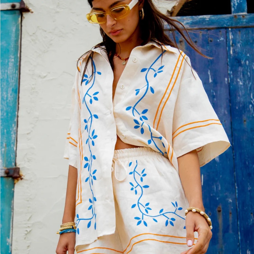 Sabo Skirt Blue and Cream Embroidered Swim Cover-Up Shirt